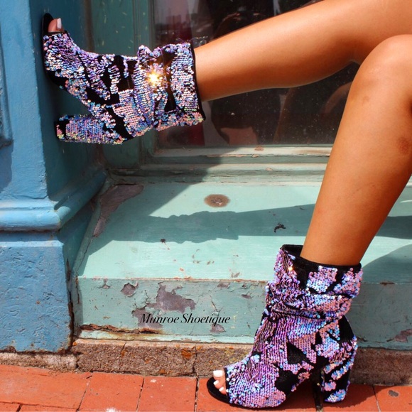 sequin open toe booties
